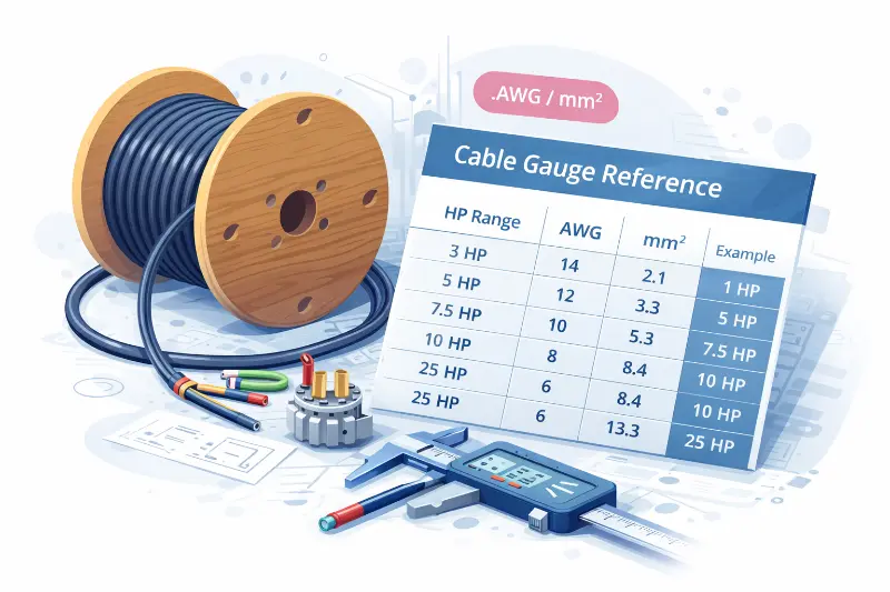 Tabla de calibre de cable para motores eléctricos (AWG/mm²) según HP, voltaje y distancia