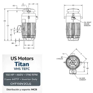 Motor vertical US MOTORS Titan VHS TEFC 150 HP 460V | MCB