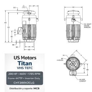 Motor vertical US MOTORS Titan VHS TEFC 200 HP 460V | MCB