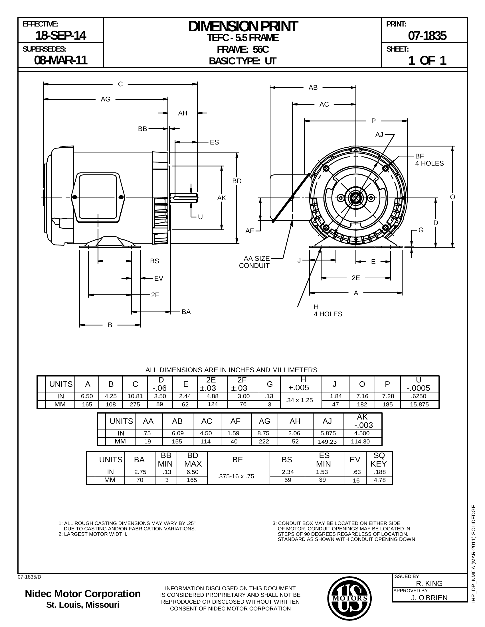 Motor TEFC US Motors 0.5 HP 230-460-208V 3495 RPM (Frame 56C) – AL81