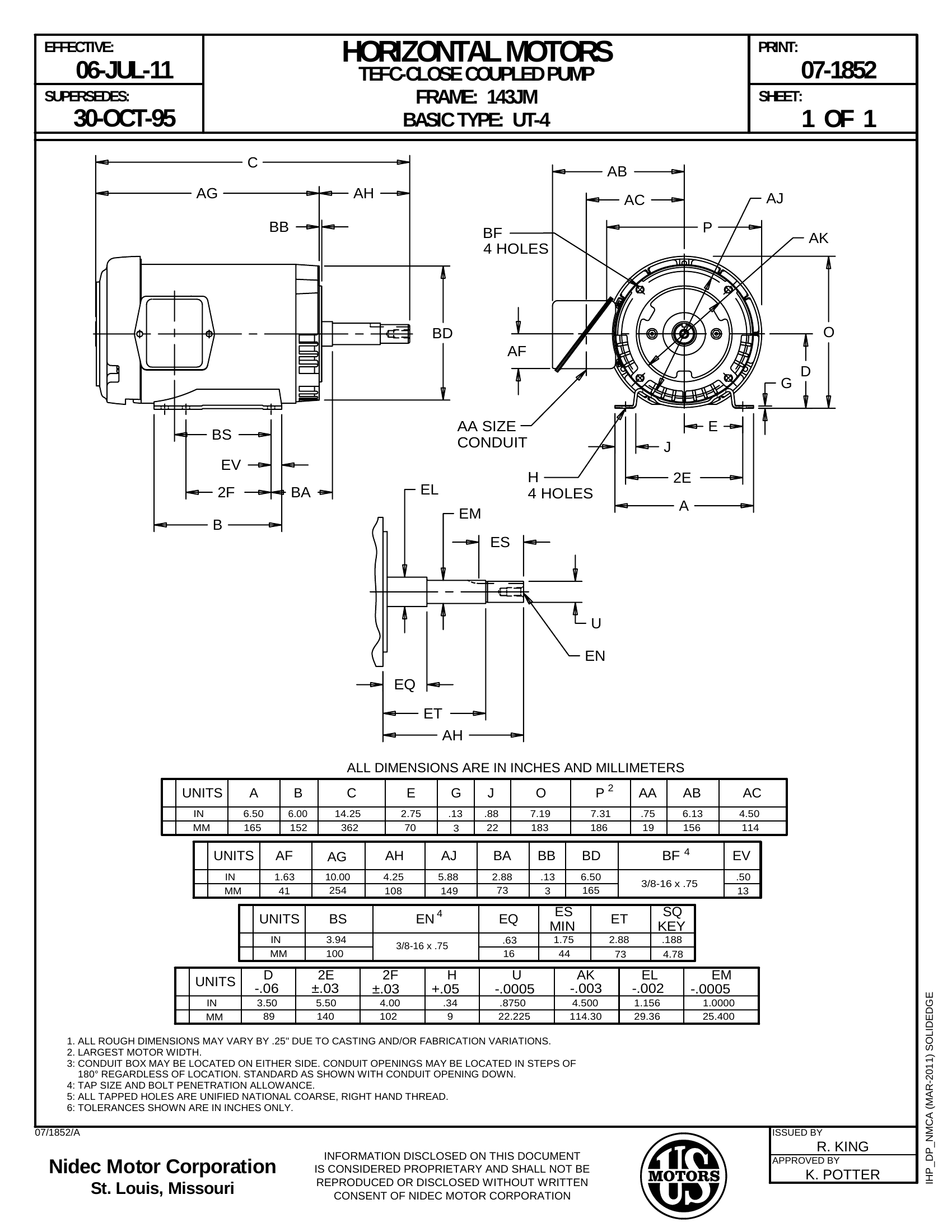 Motor TEFC US Motors 1 HP 460-230-208V 1750 RPM (Frame 143JM) – AM48