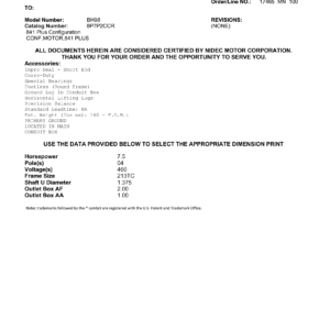 Motor TEFC US Motors 841 Plus 7.5 HP 460V 1800 RPM (Frame 213TC) – BH98