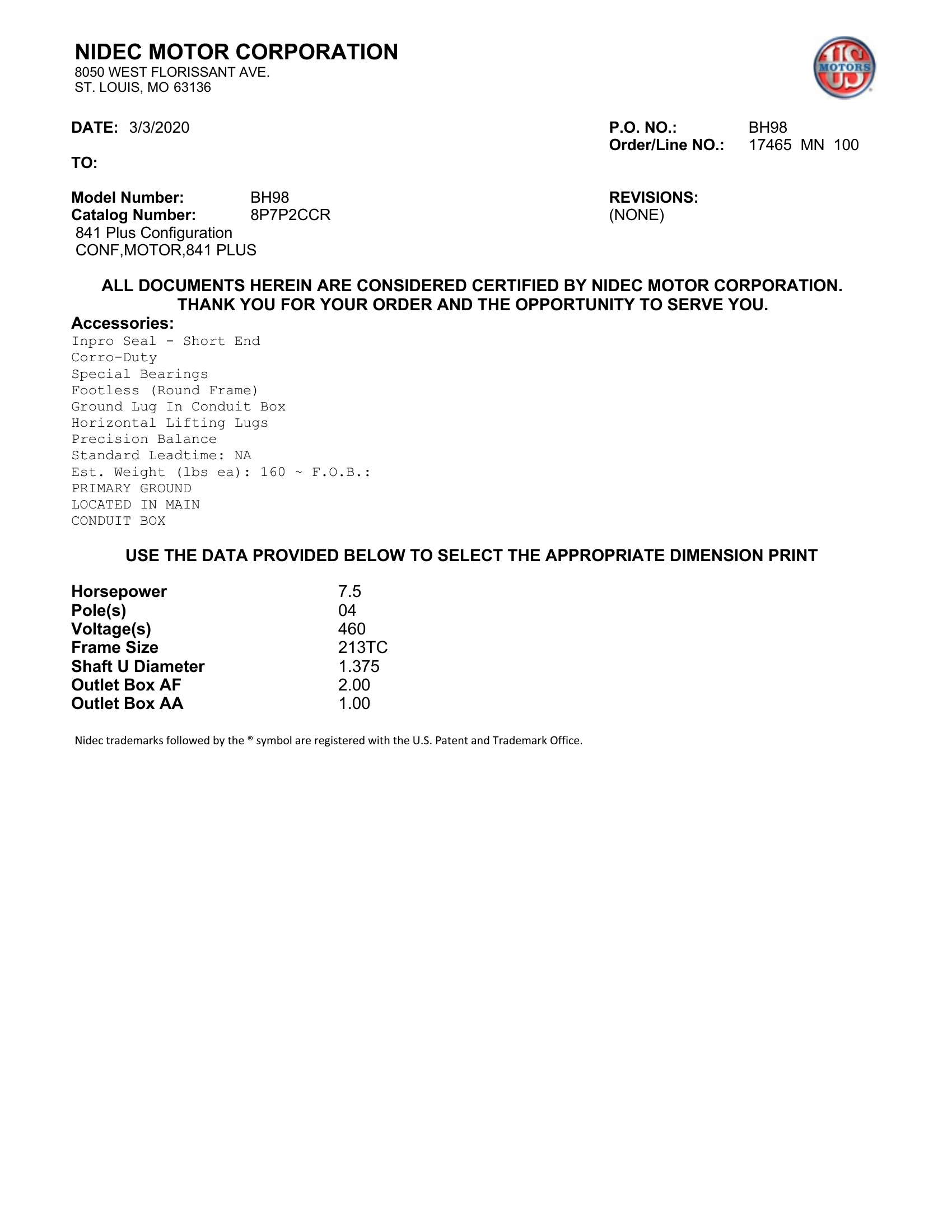 Motor TEFC US Motors 841 Plus 7.5 HP 460V 1800 RPM (Frame 213TC) – BH98