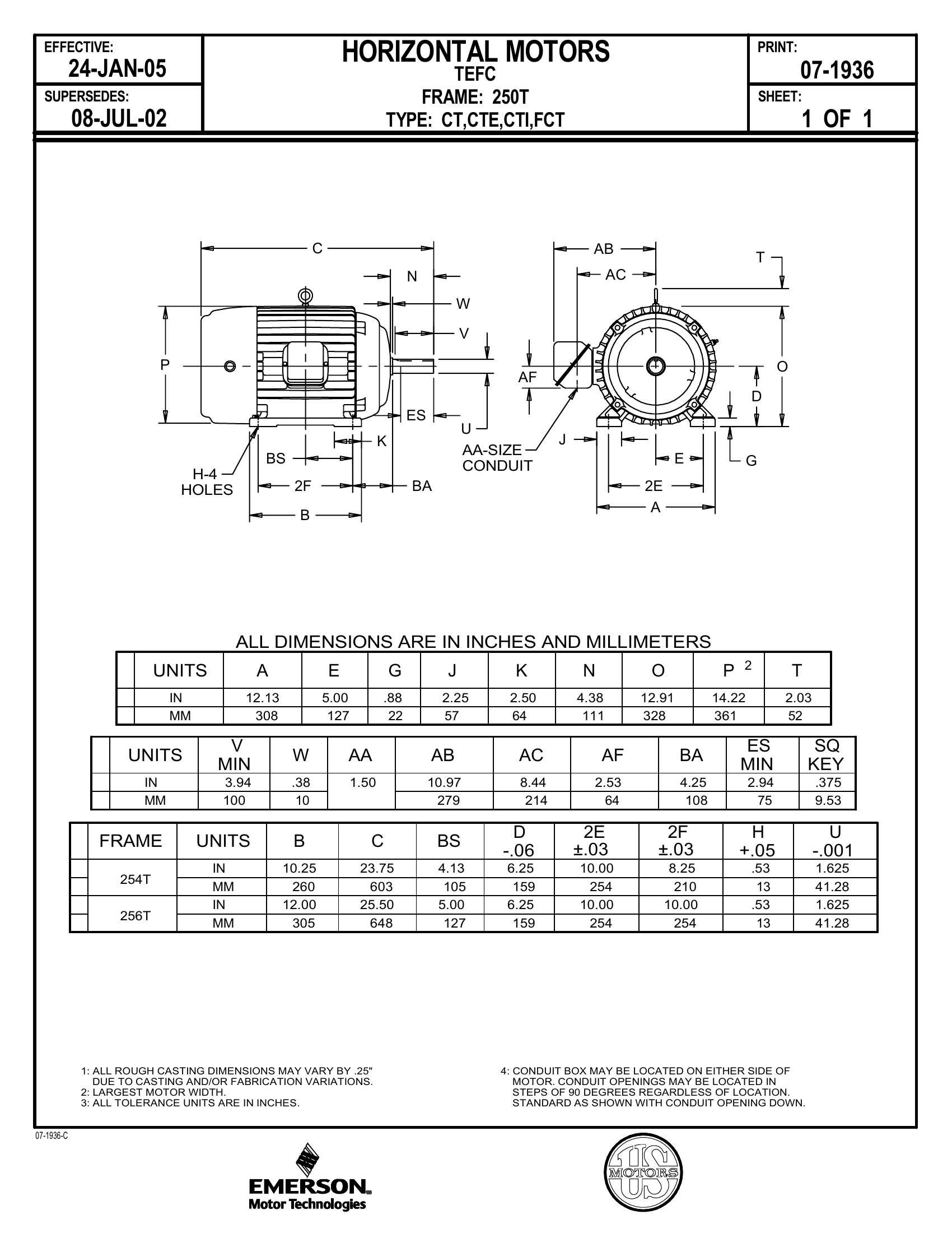 Motor TEFC US Motors MODEL NUMBER 20 HP 460-230V 3530 RPM (Frame 256T) – CB42