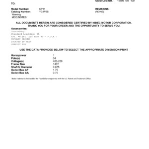 Motor TEFC US Motors 1 HP 460V 1800 RPM (Frame 143T) – CP11