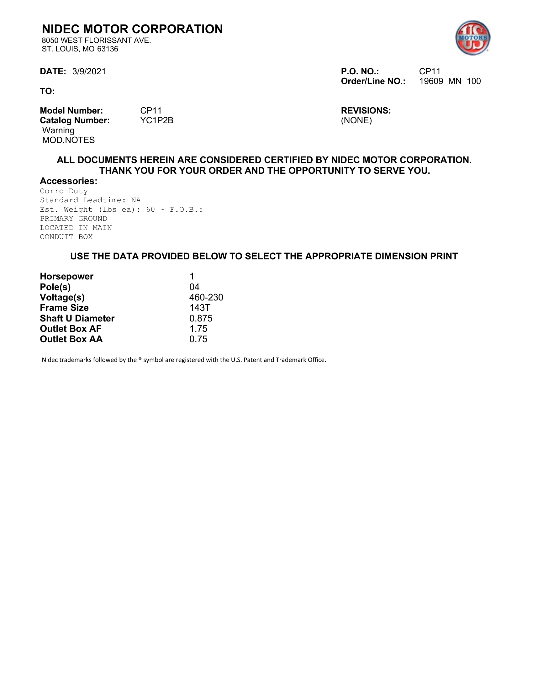 Motor TEFC US Motors 1 HP 460V 1800 RPM (Frame 143T) – CP11