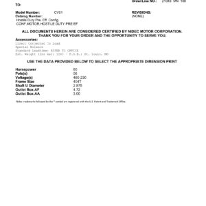 Motor TEFC US Motors Hostile Duty Premium Efficiency 60 HP 460V 1200 RPM (Frame 404T) – CV61