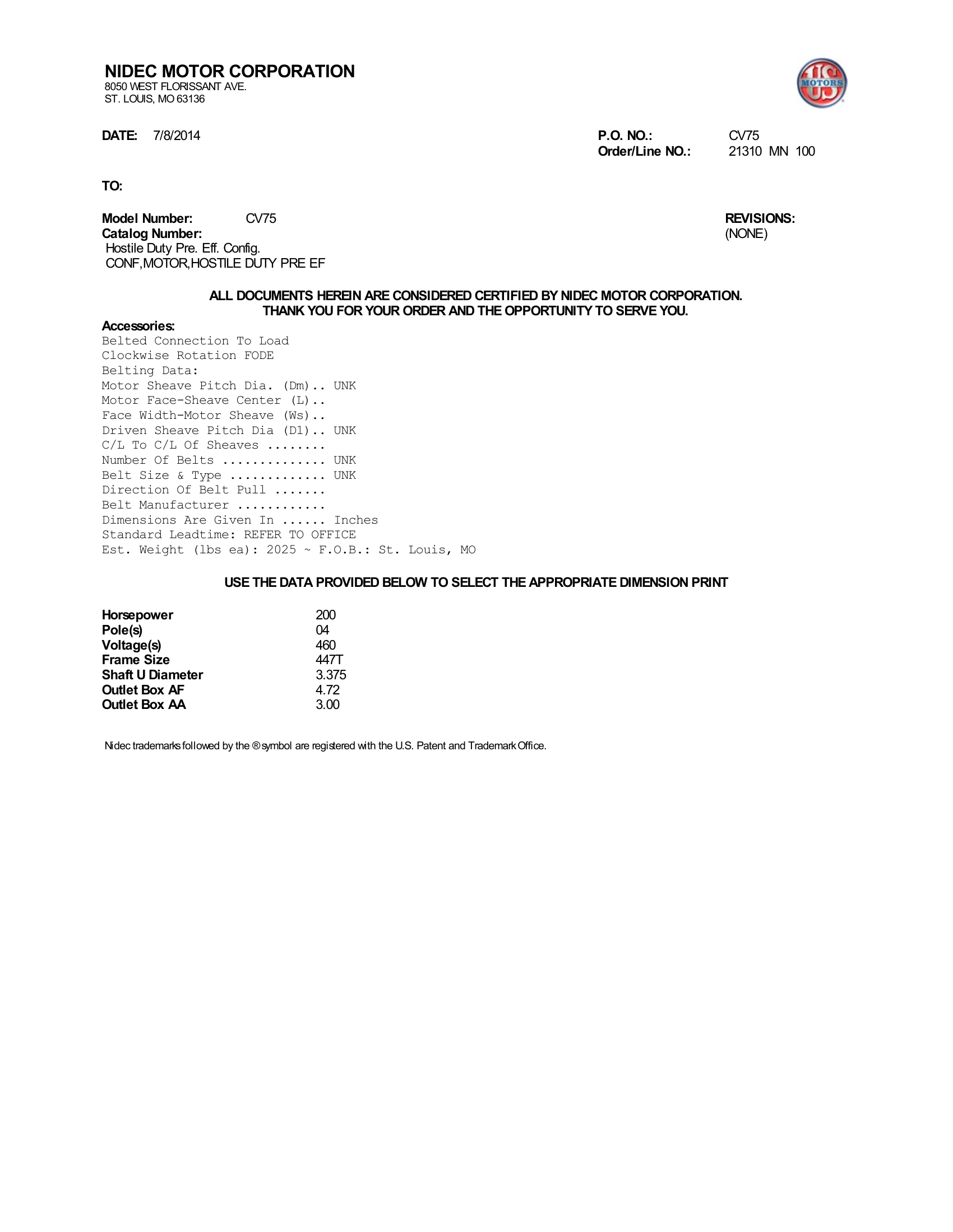 Motor TEFC US Motors Hostile Duty Premium Efficiency 200 HP 460V 1800 RPM (Frame 447T) – CV75