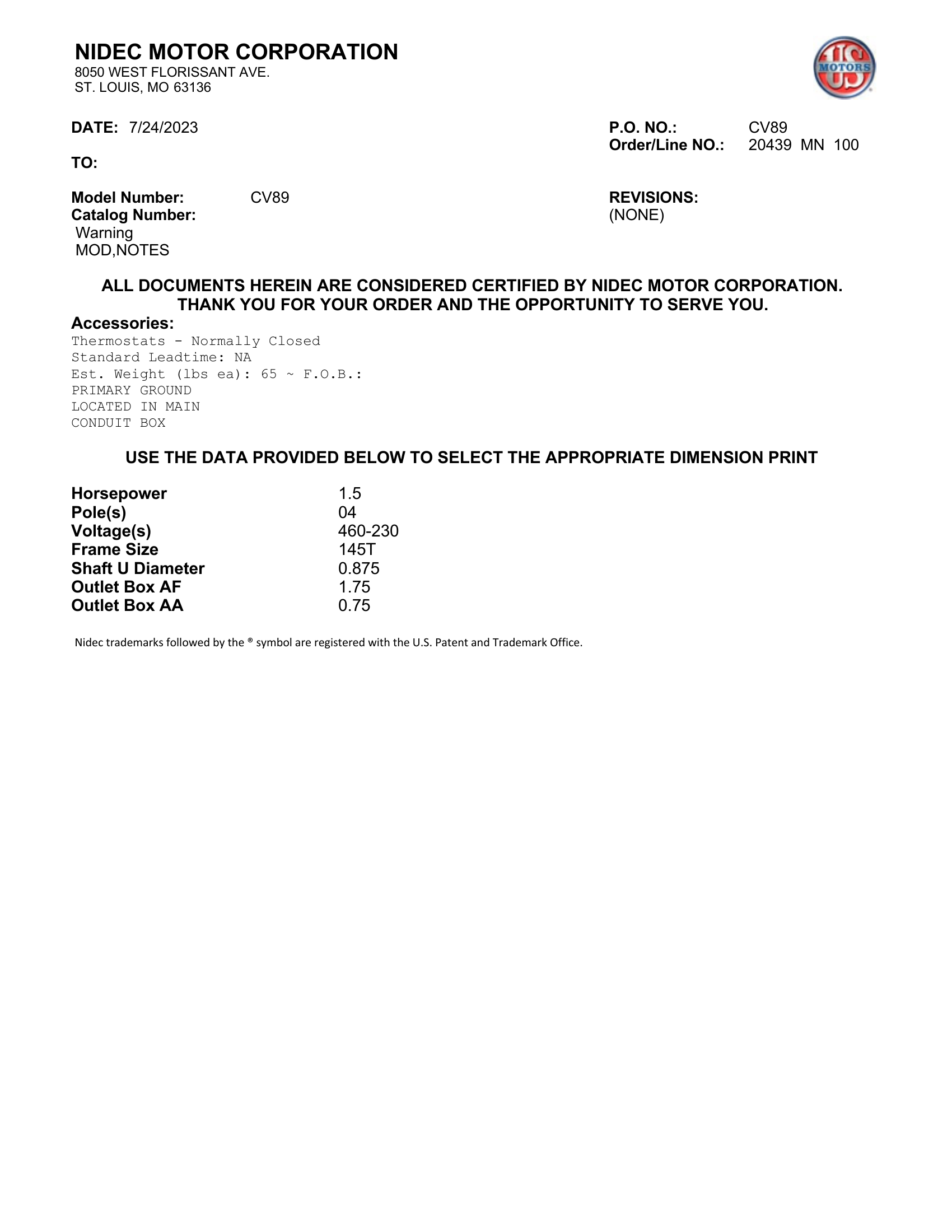 Motor TEFC US Motors 1.5 HP 460V 1800 RPM (Frame 145T) – CV89
