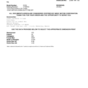 Motor TEFC US Motors Corro-Duty Premium Efficiency 100 HP 460V 1800 RPM (Frame 405T) – DC54