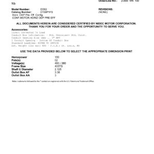 Motor ODP US Motors Horiz. ODP Premium Efficiency 150 HP 460V 3600 RPM (Frame 405TS) – DD02