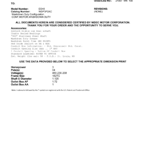 Motor TEFC US Motors Washdown Duty 3 HP 460V 1800 RPM (Frame 182TC) – DD46