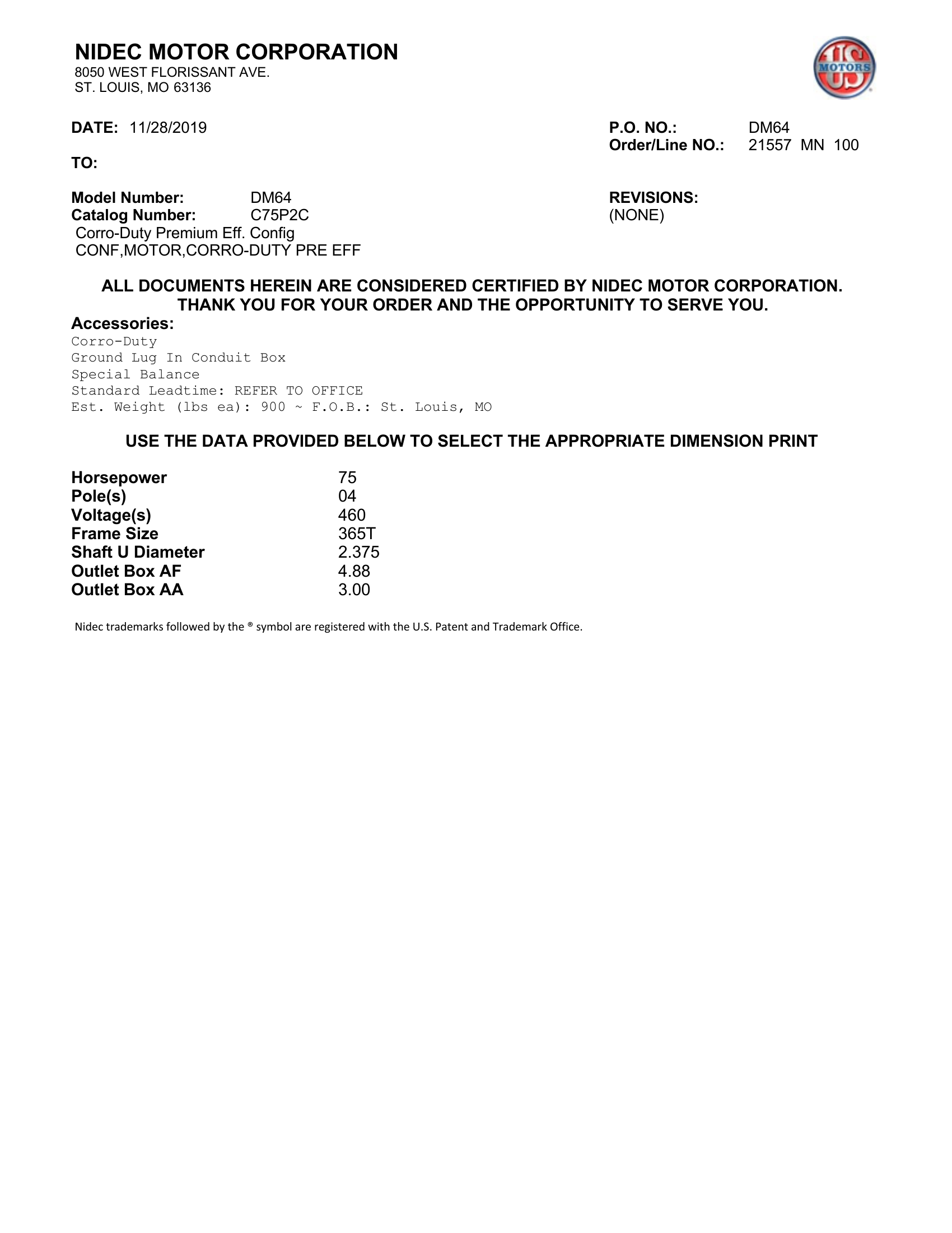 Motor TEFC US Motors Corro-Duty Premium Efficiency 75 HP 460V 1800 RPM (Frame 365T) – DM64