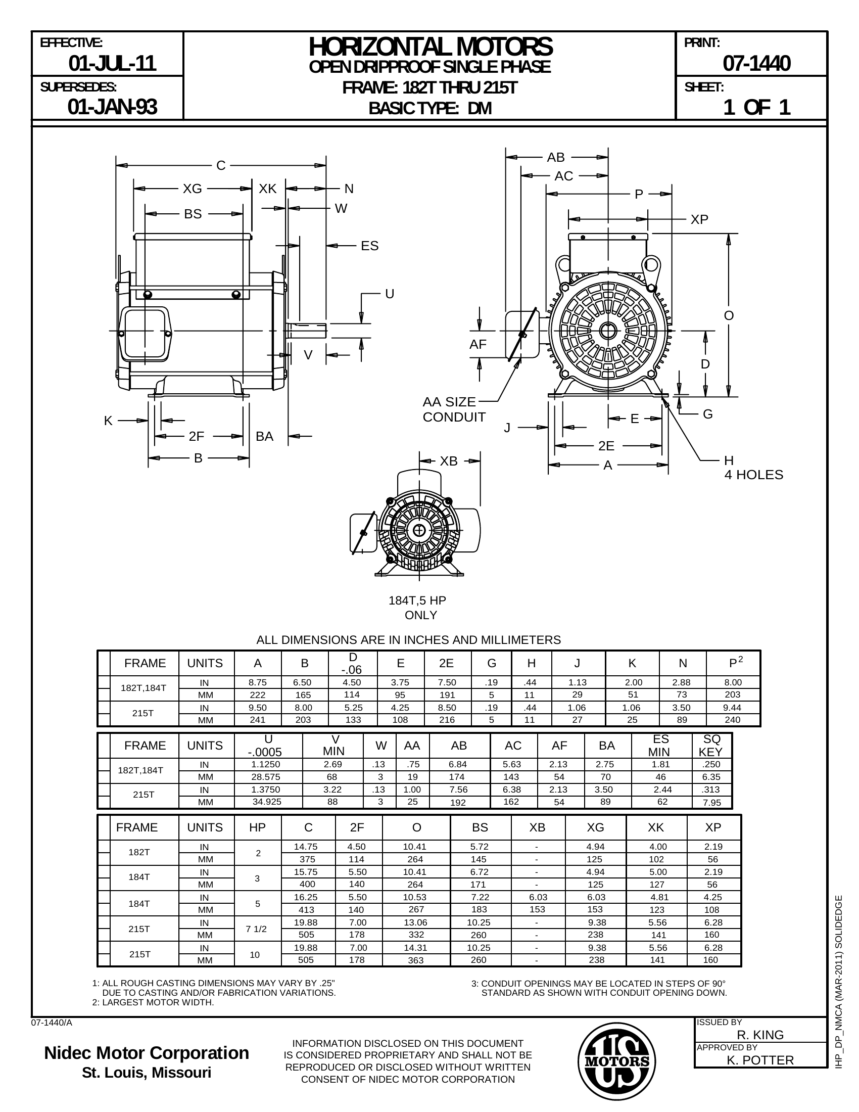 Motor DP US Motors 5 HP 230V 1740 RPM (Frame 184T) – F078