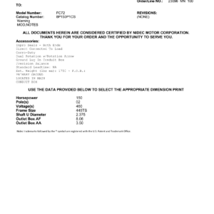Motor TEFC US Motors 150 HP 460V 3600 RPM (Frame 445TS) – FC72