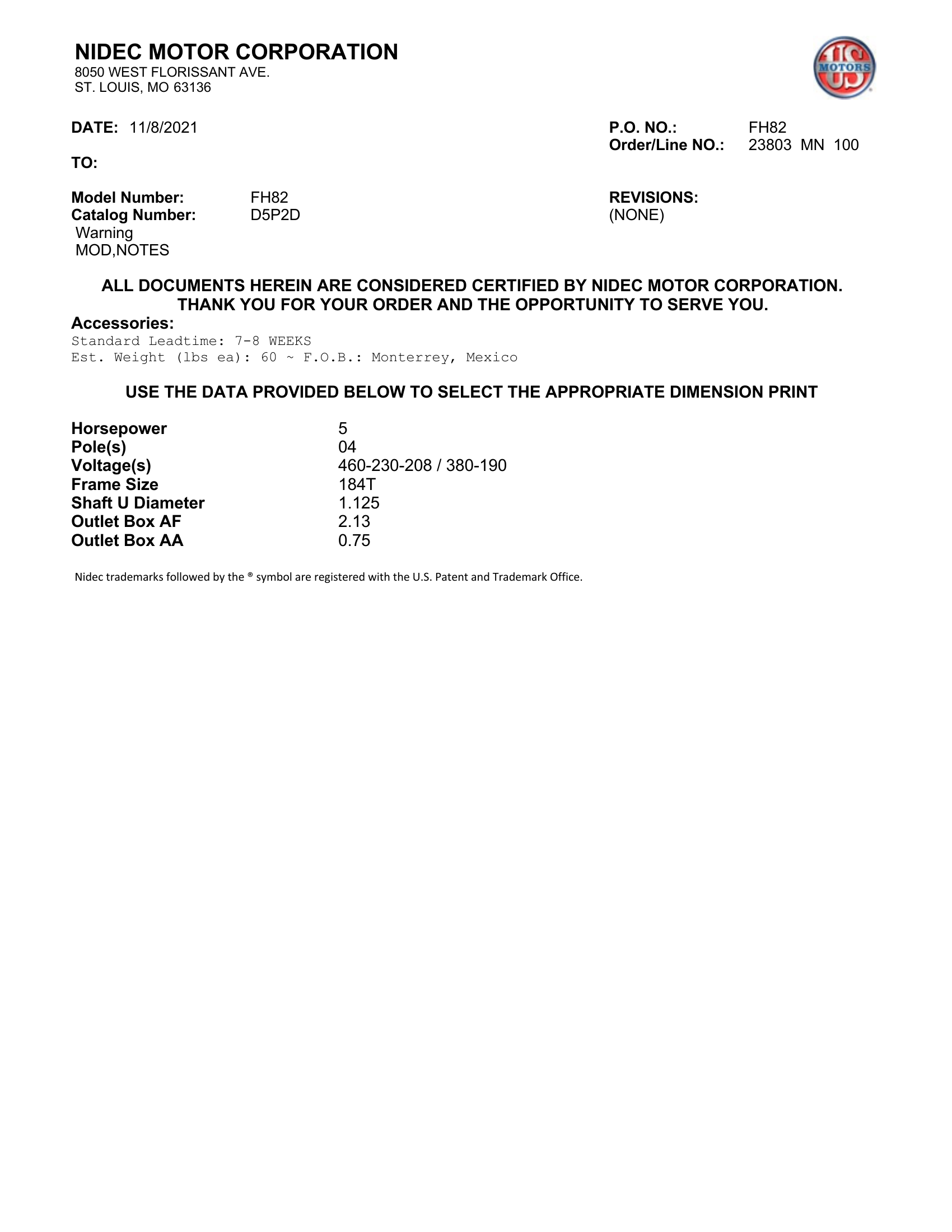 Motor ODP US Motors 5 HP 460V 1800 RPM (Frame 184T) – FH82
