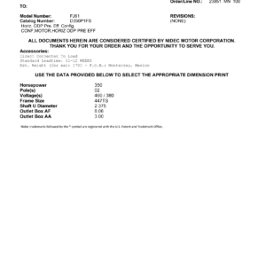 Motor ODP US Motors Horiz. ODP Premium Efficiency 350 HP 460V 3600 RPM (Frame 447TS) – FJ61