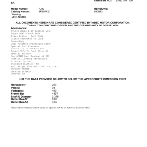 Motor TEFC US Motors 250 HP 460V 1800 RPM (Frame 449T) – FJ92
