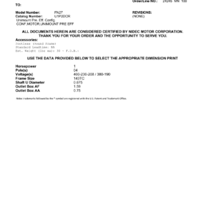Motor TEFC US Motors Unimount Premium Efficiency 1 HP 460V 1800 RPM (Frame 143TC) – FN27