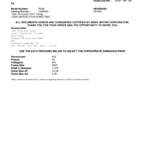 Motor TEFC US Motors Titan Horizontal TEFC 400 HP 460V 1800 RPM (Frame 449T) – FN46