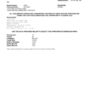 Motor TEBC US Motors Corro-Duty VFD Duty 10 HP 460V 1800 RPM (Frame 215TC) – FP33