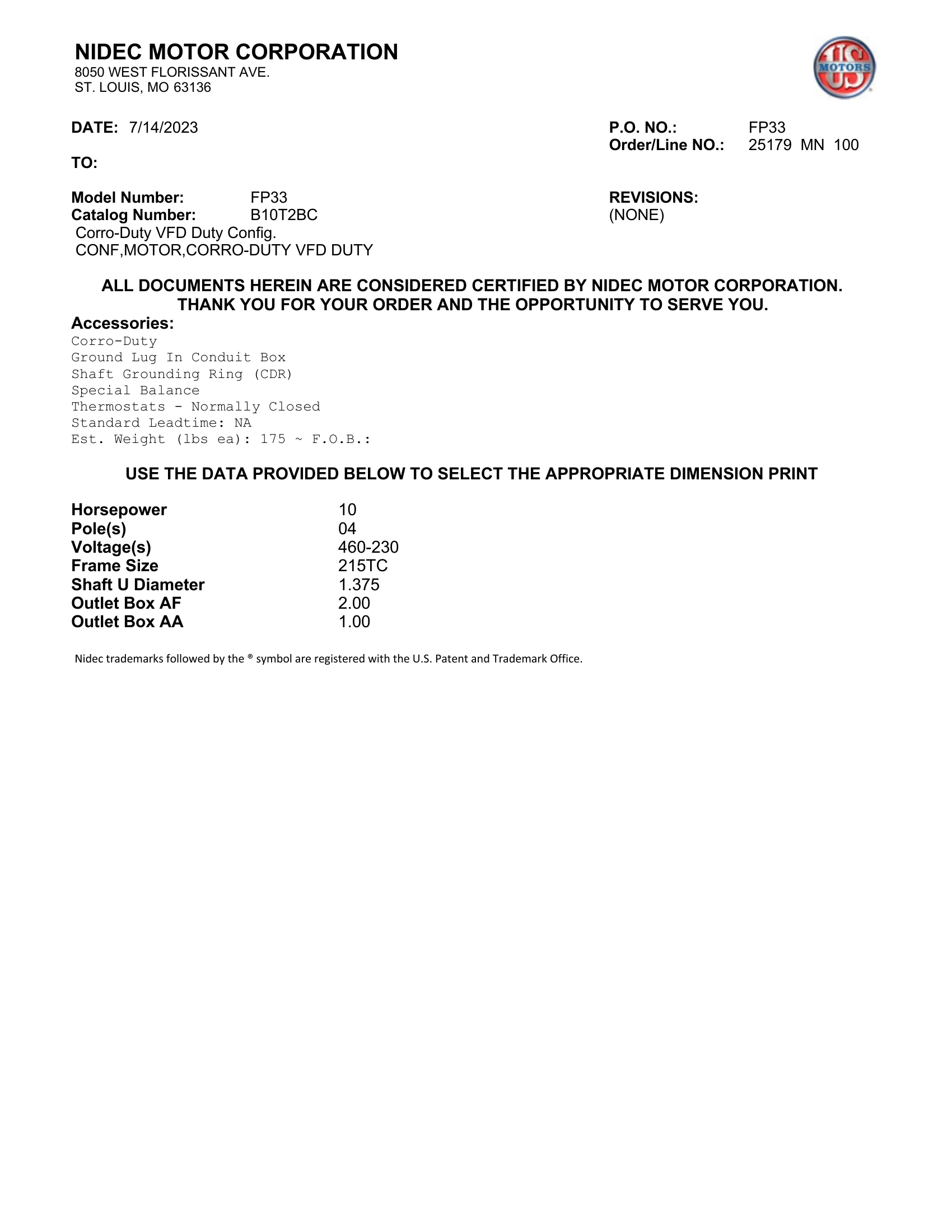 Motor TEBC US Motors Corro-Duty VFD Duty 10 HP 460V 1800 RPM (Frame 215TC) – FP33