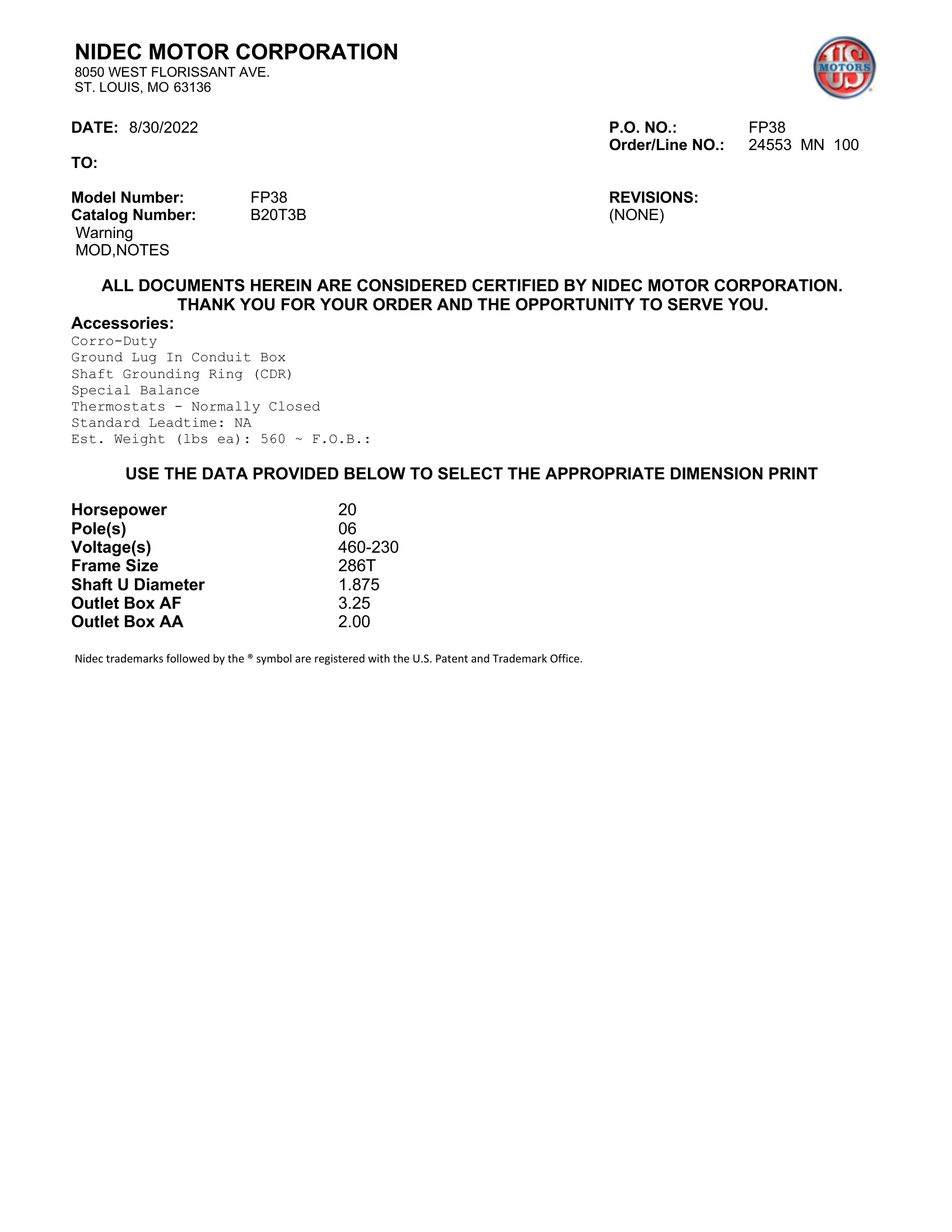 Motor TEBC US Motors 20 HP 460V 1200 RPM (Frame 286T) – FP38