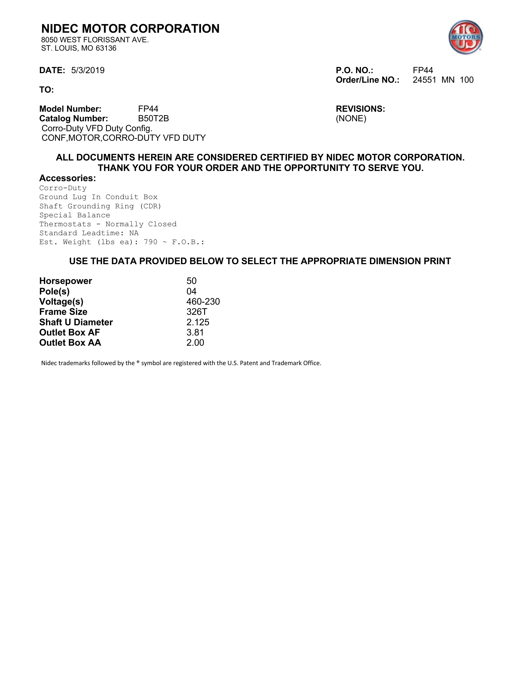 Motor TEBC US Motors Corro-Duty VFD Duty 50 HP 460V 1800 RPM (Frame 326T) – FP44