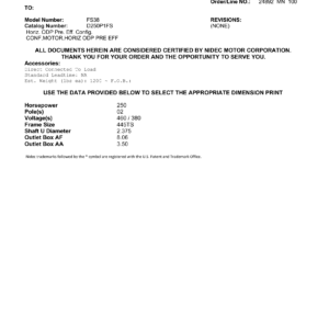 Motor ODP US Motors Horiz. ODP Premium Efficiency 250 HP 460V 3600 RPM (Frame 445TS) – FS38