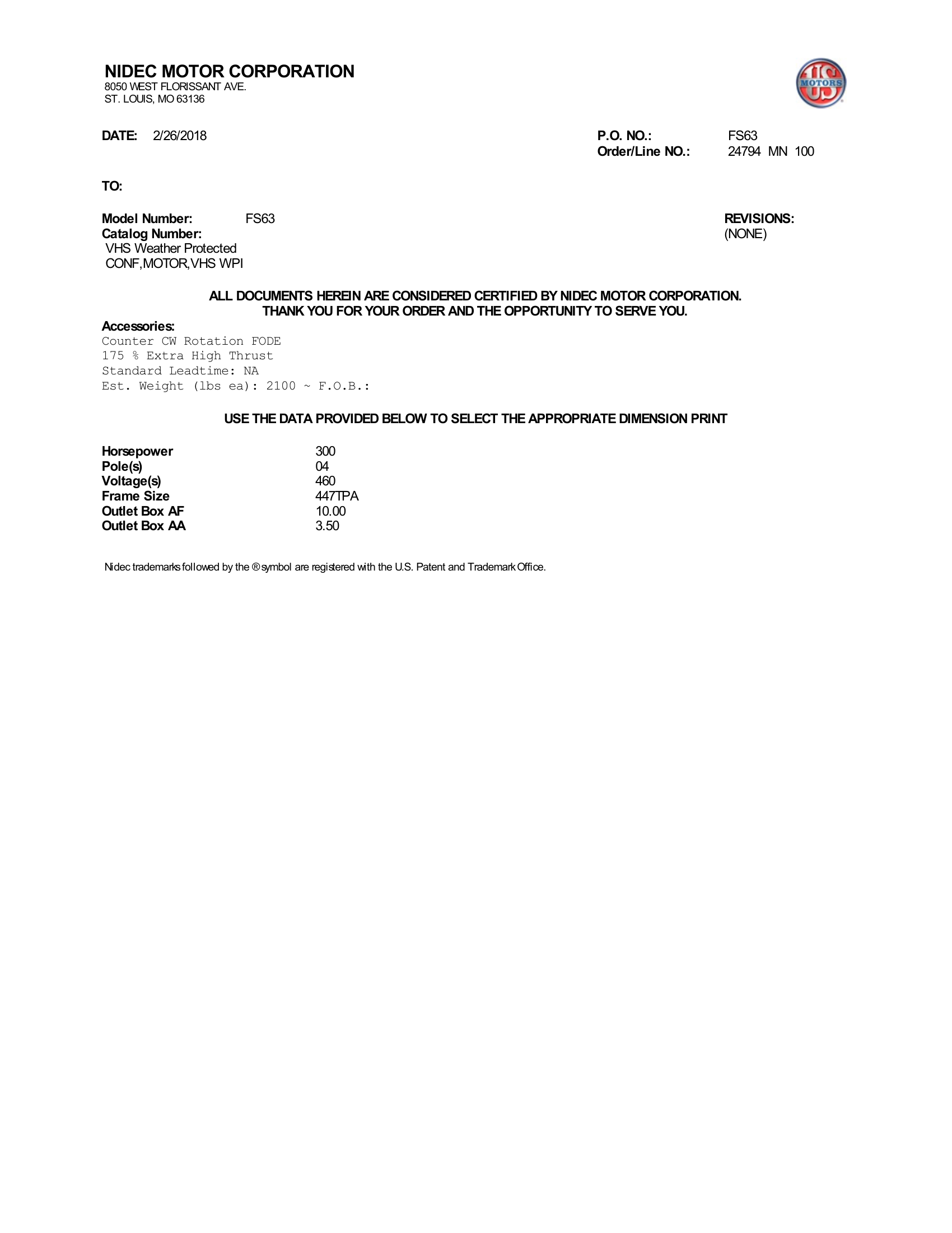Motor Vertical Eje Hueco (VHS) US Motors VHS Weather Protected 300 HP 460V 1800 RPM (Frame 447TPA) – FS63