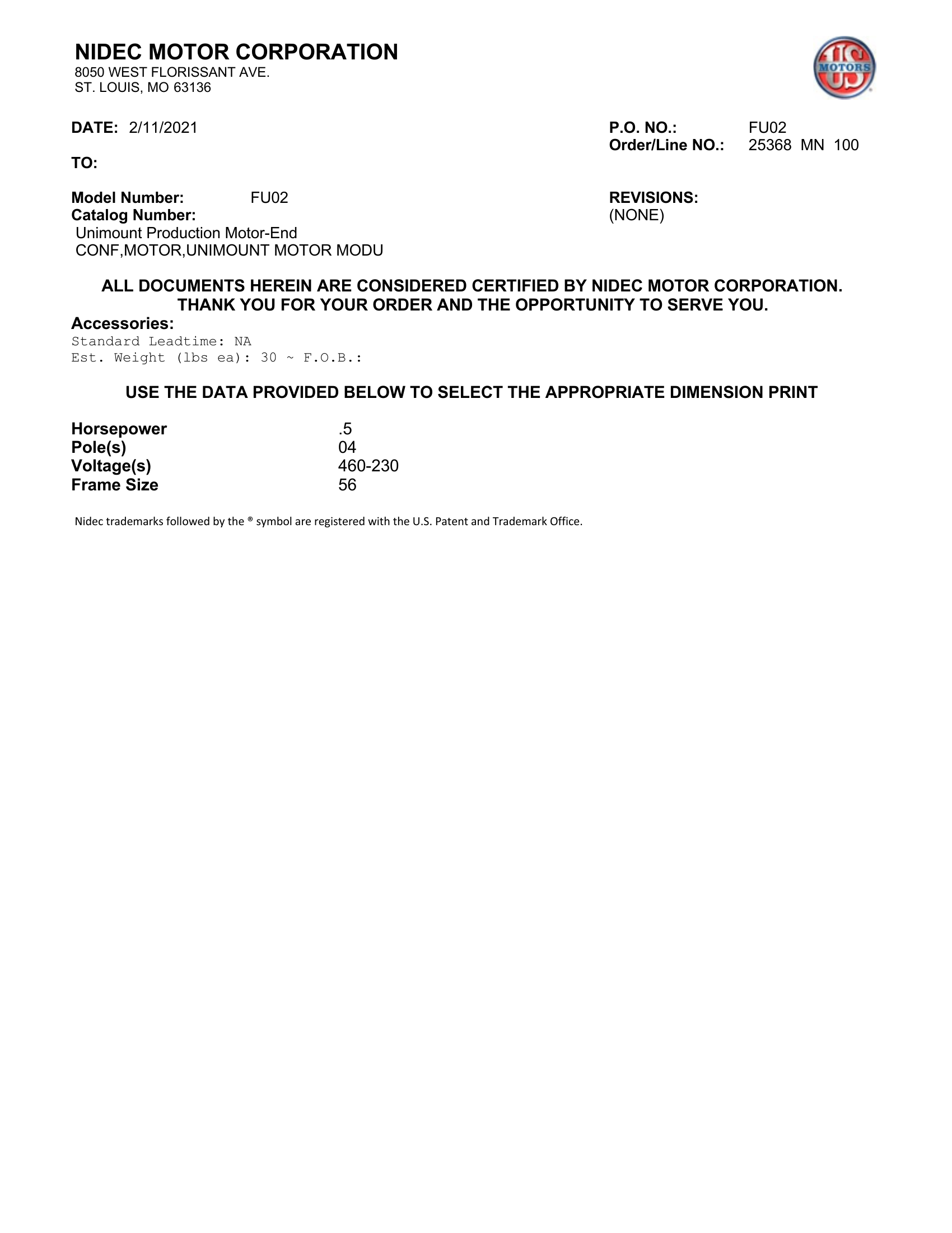 Motor TEFC US Motors Unimount 0.5 HP 460V 1800 RPM (Frame 56) – FU02