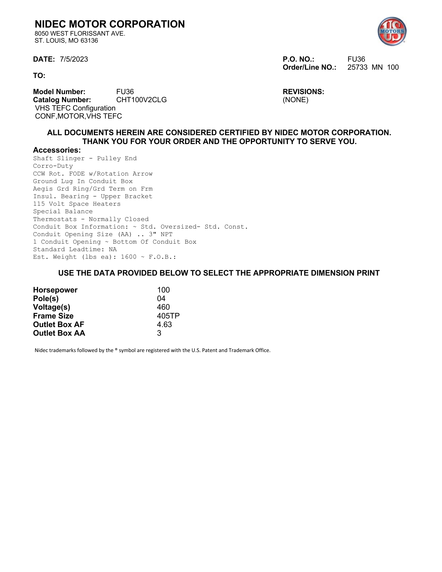 Motor Vertical Eje Hueco (VHS) US Motors VHS TEFC 100 HP 460V 1800 RPM (Frame 405TP) – FU36