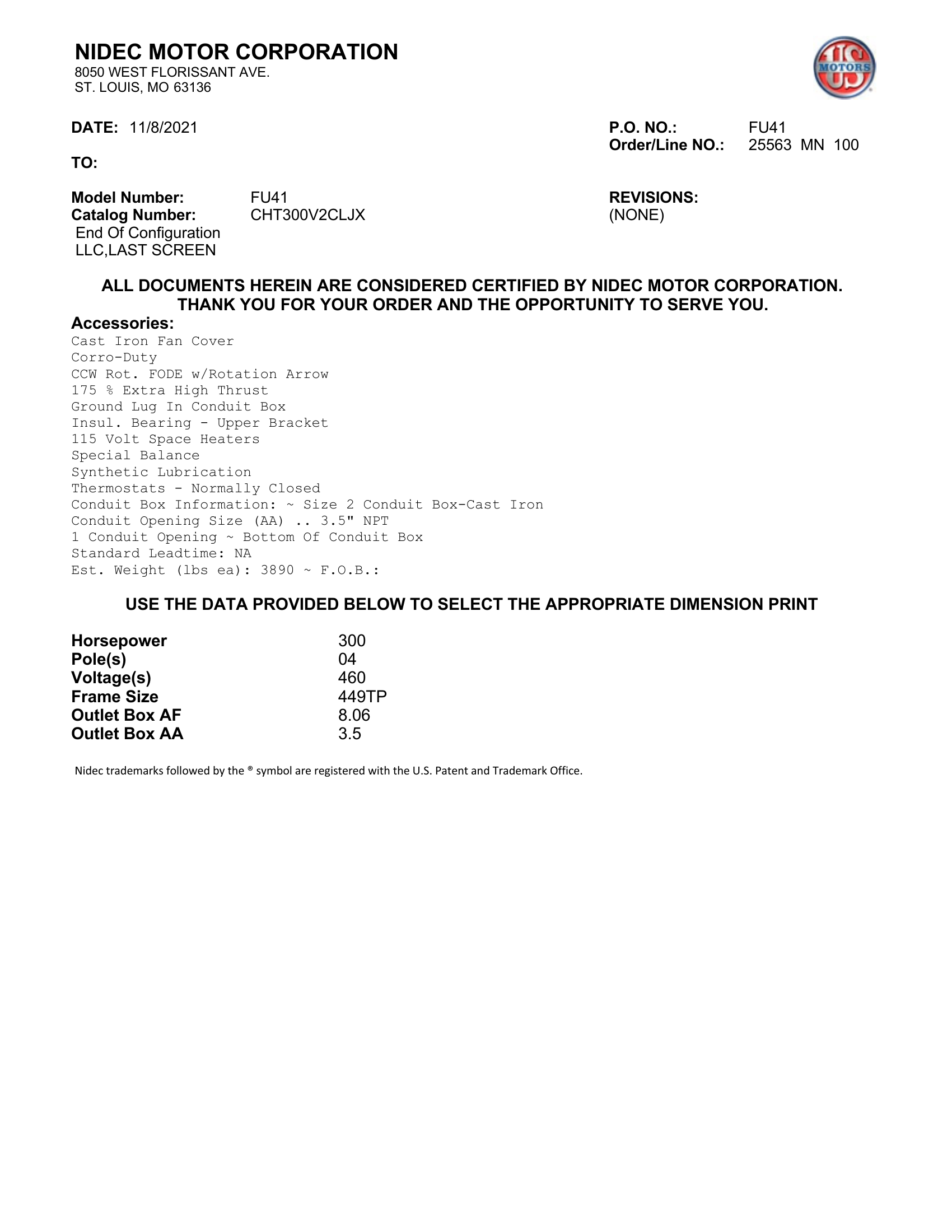 Motor Vertical Eje Hueco (VHS) US Motors 300 HP 460V 1800 RPM (Frame 449TP) – FU41