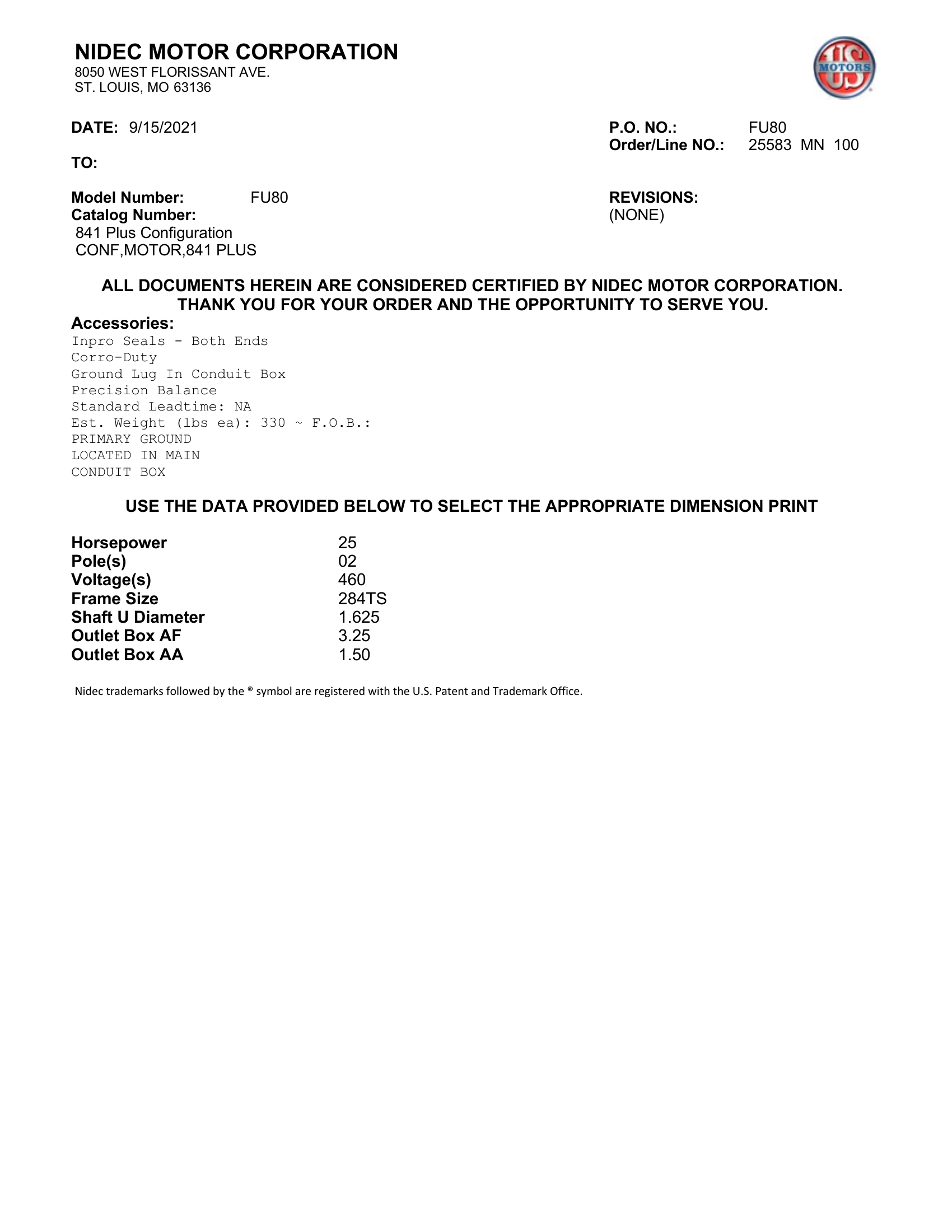 Motor TEFC US Motors 841 Plus 25 HP 460V 3600 RPM (Frame 284TS) – FU80