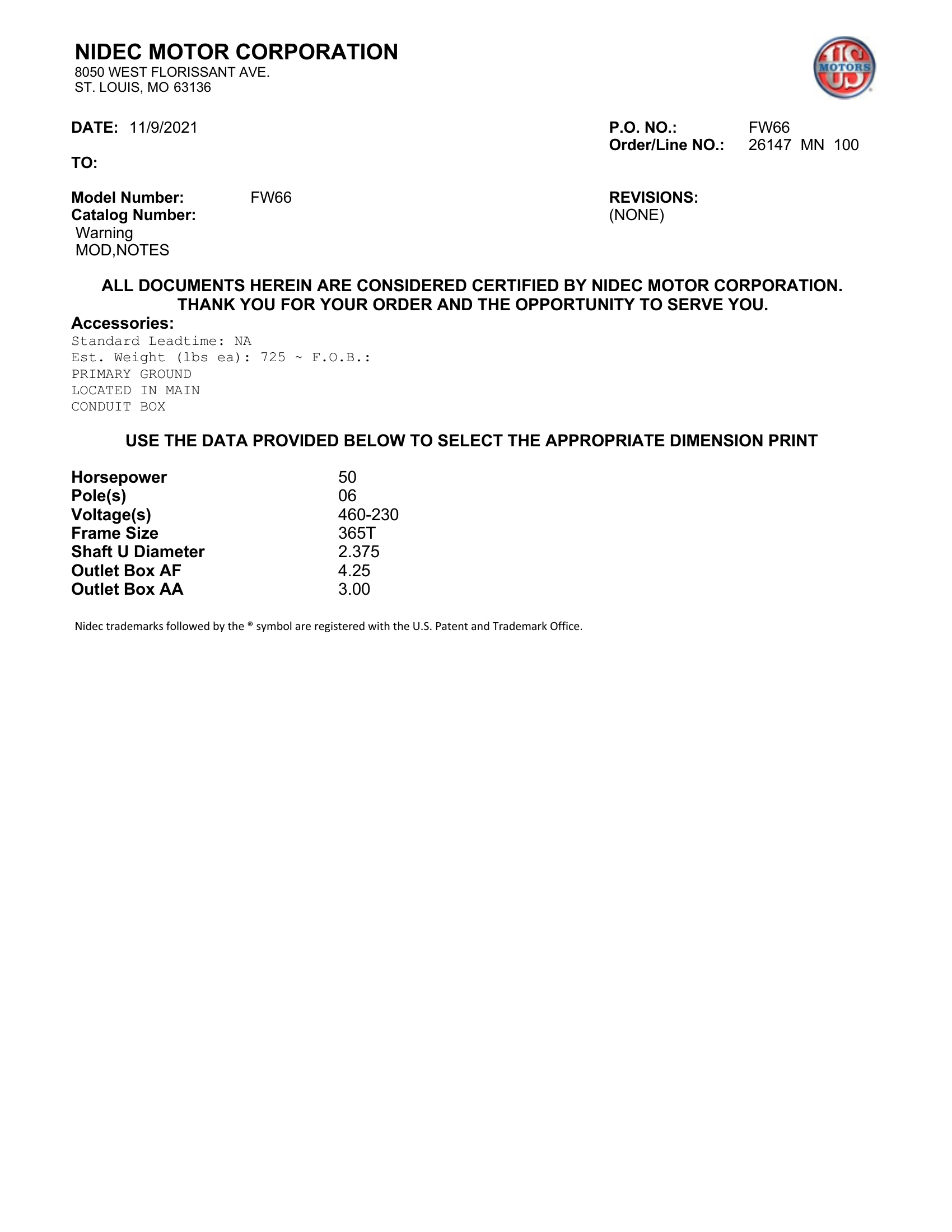 Motor TEFC US Motors 50 HP 460V 1200 RPM (Frame 365T) – FW66