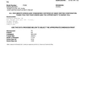 Motor TEFC US Motors Hostile Duty Premium Efficiency 75 HP 460V 1800 RPM (Frame 365TC) – FW68