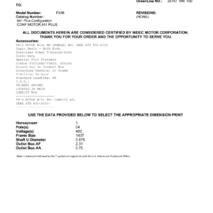 Motor TEFC US Motors 841 Plus 1 HP 460V 1800 RPM (Frame 143T) – FX46
