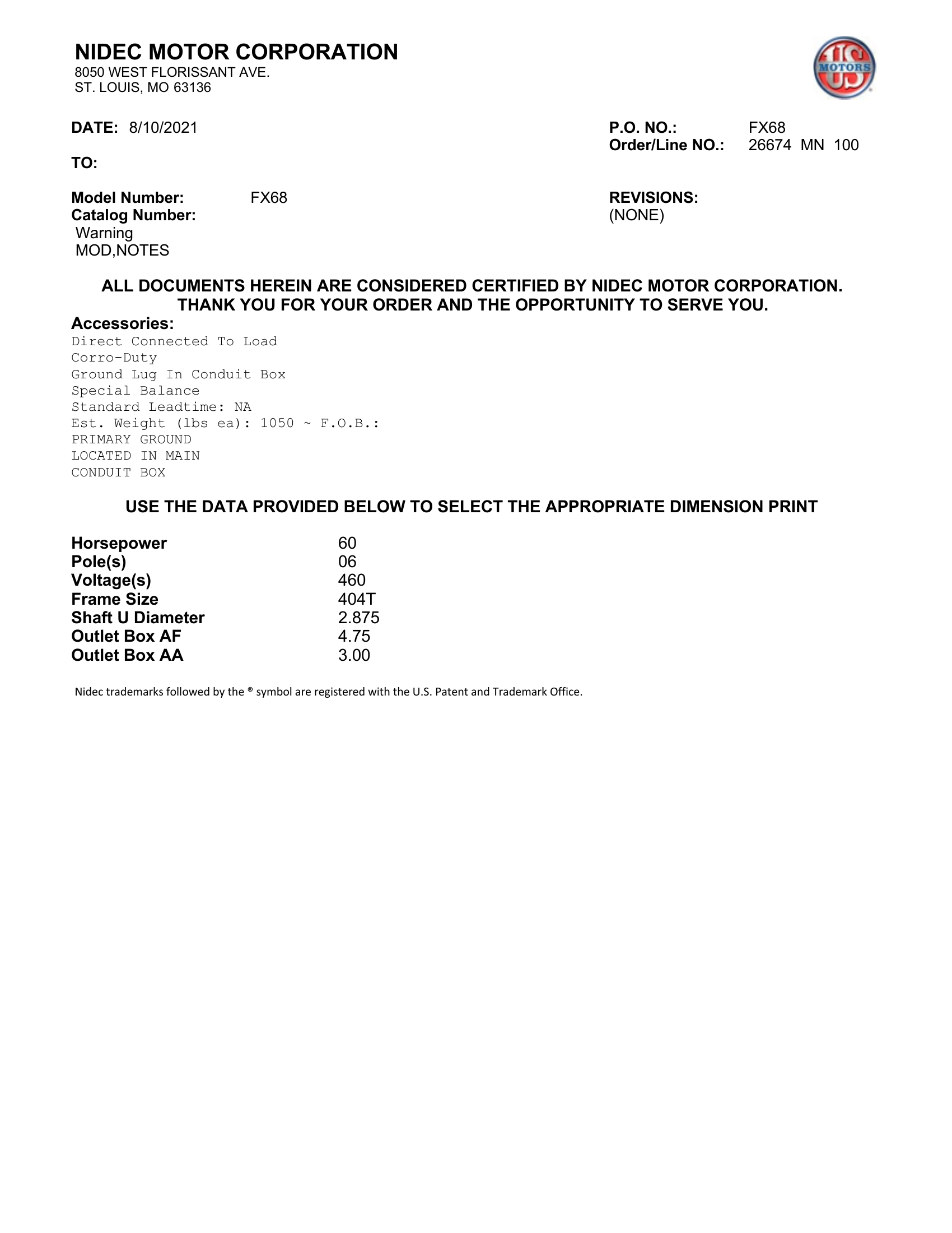 Motor TEFC US Motors 60 HP 460V 1200 RPM (Frame 404T) – FX68