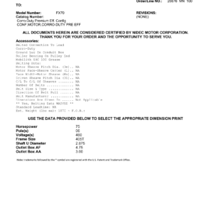 Motor TEFC US Motors Corro-Duty Premium Efficiency 75 HP 460V 1200 RPM (Frame 405T) – FX70