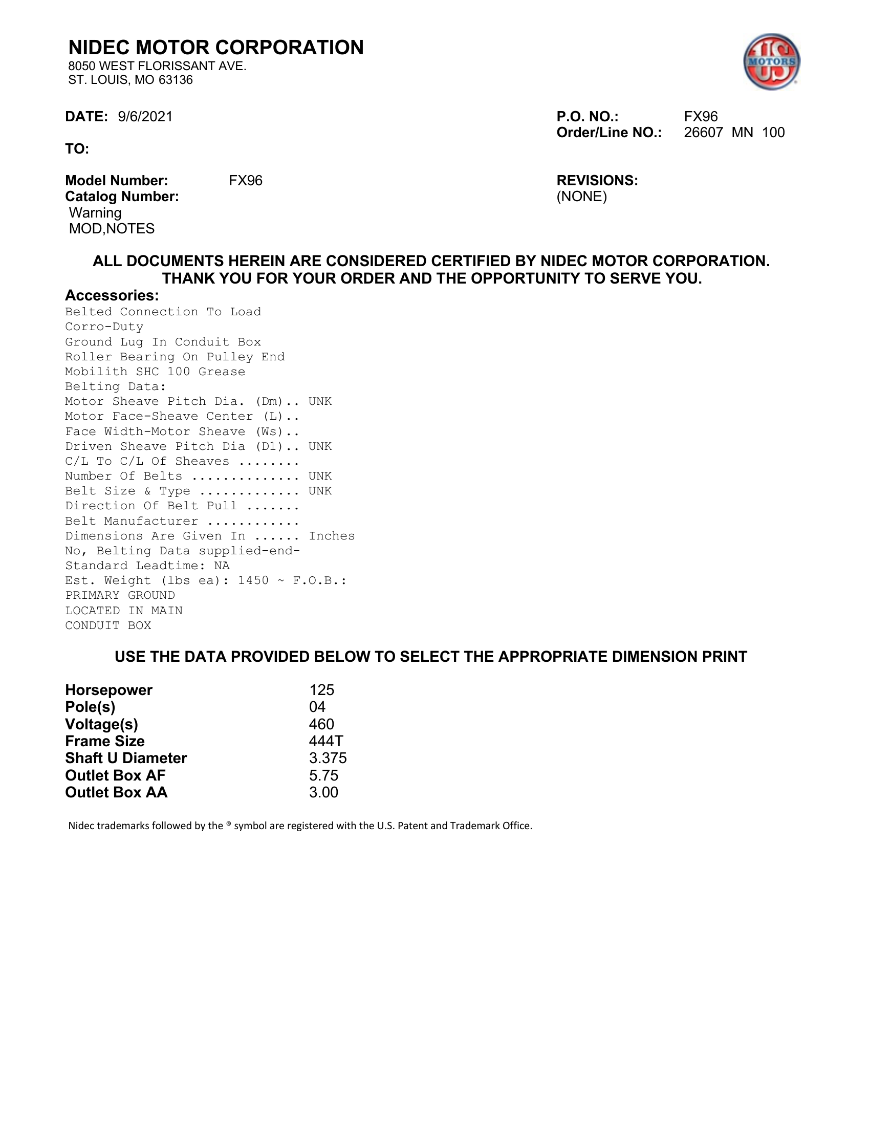 Motor TEFC US Motors 125 HP 460V 1800 RPM (Frame 444T) – FX96