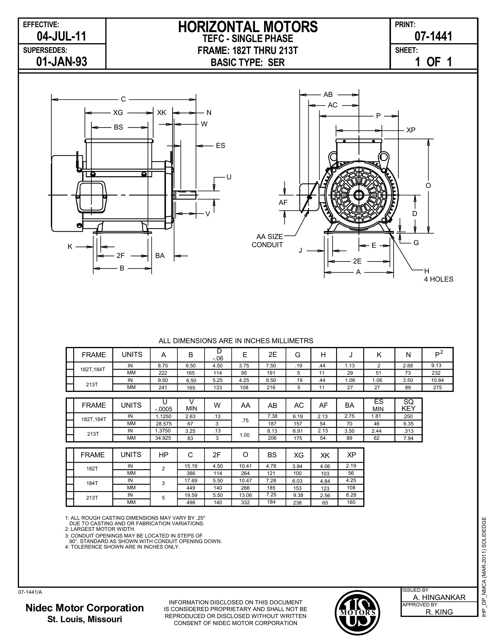 Motor TE US Motors 3 HP 115-230V 1740 RPM (Frame 184T) – G528