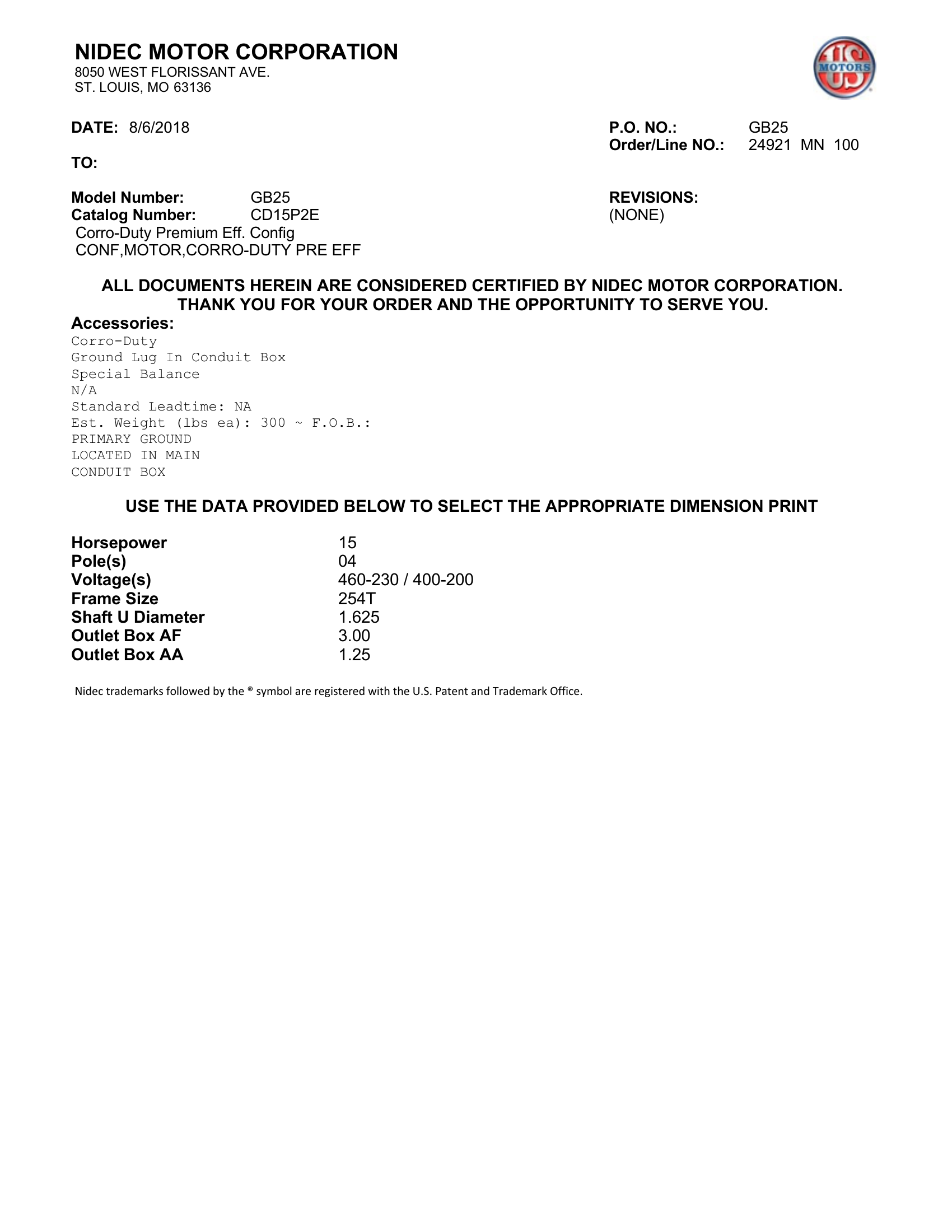 Motor TEFC US Motors Corro-Duty Premium Efficiency 15 HP 460V 1800 RPM (Frame 254T) – GB25