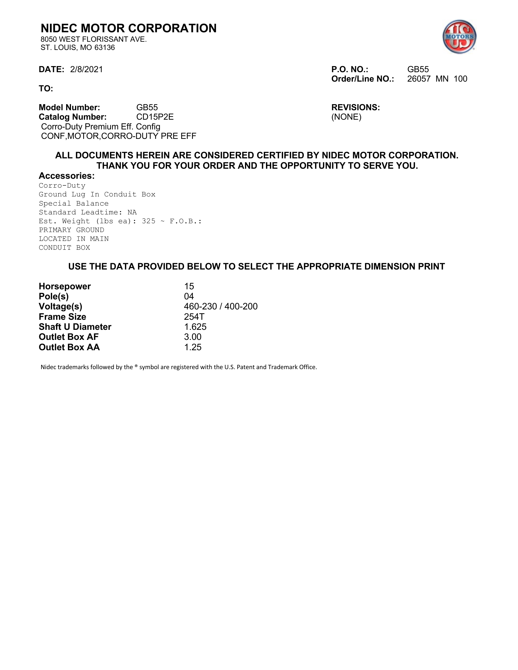Motor TEFC US Motors Corro-Duty Premium Efficiency 15 HP 460V 1800 RPM (Frame 254T) – GB55