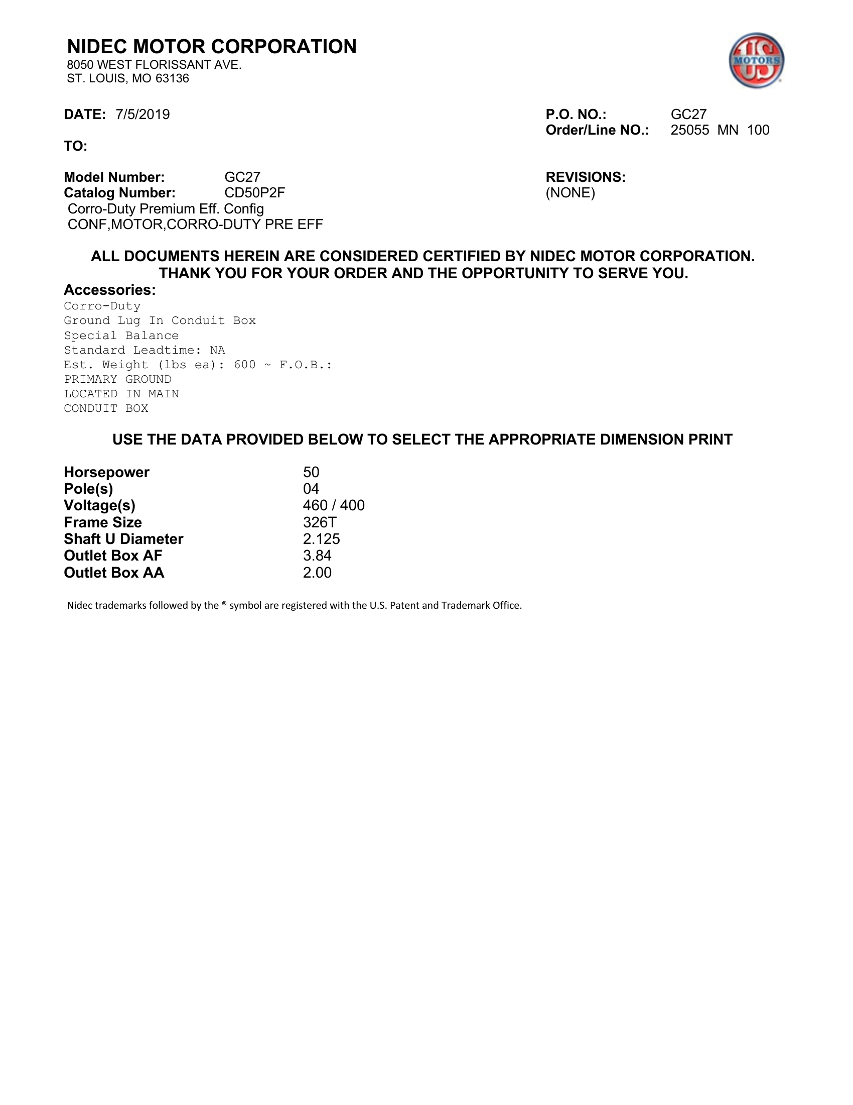 Motor TEFC US Motors Corro-Duty Premium Efficiency 50 HP 460V 1800 RPM (Frame 326T) – GC27