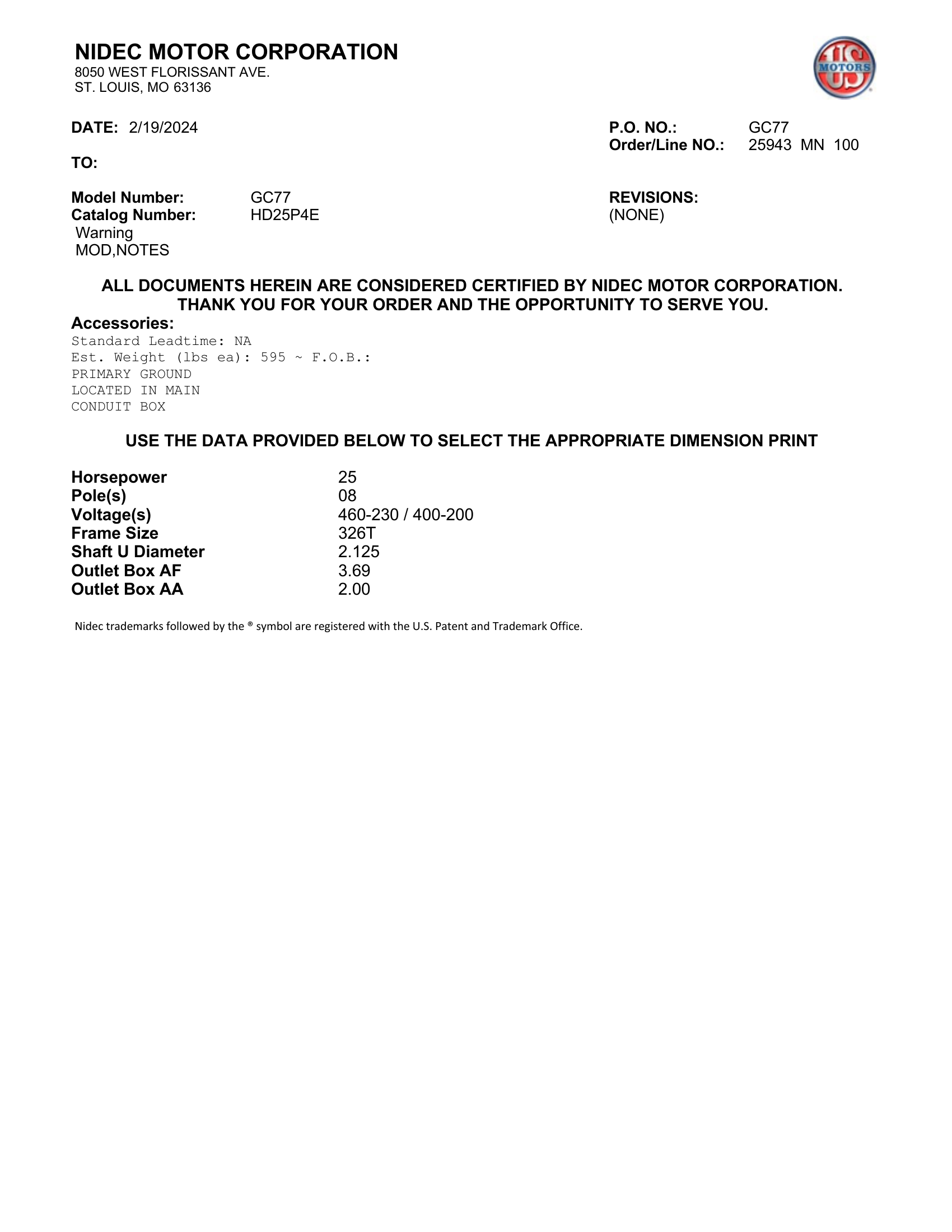 Motor TEFC US Motors 25 HP 460V 900 RPM (Frame 326T) – GC77