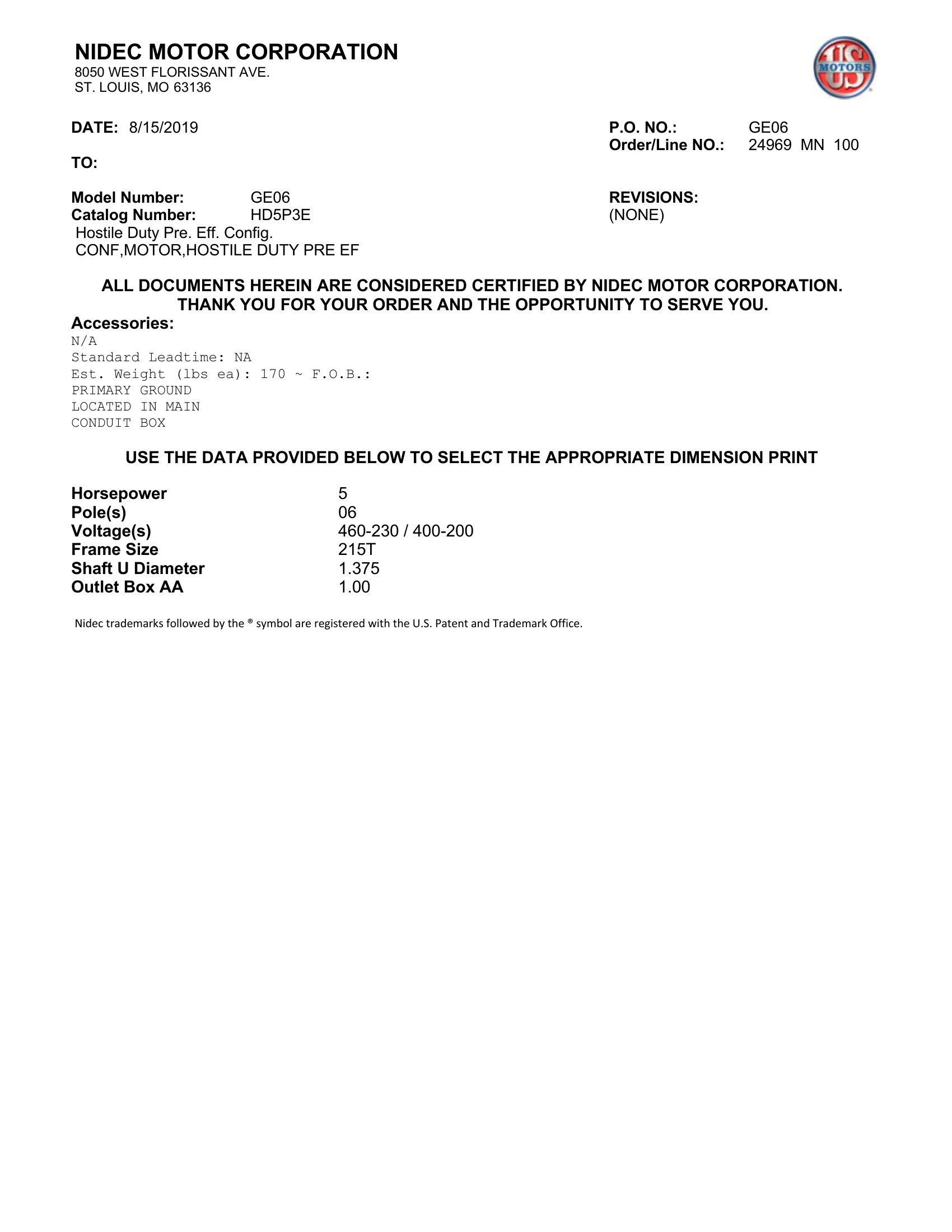 Motor TEFC US Motors Hostile Duty Premium Efficiency 5 HP 460V 1200 RPM (Frame 215T) – GE06