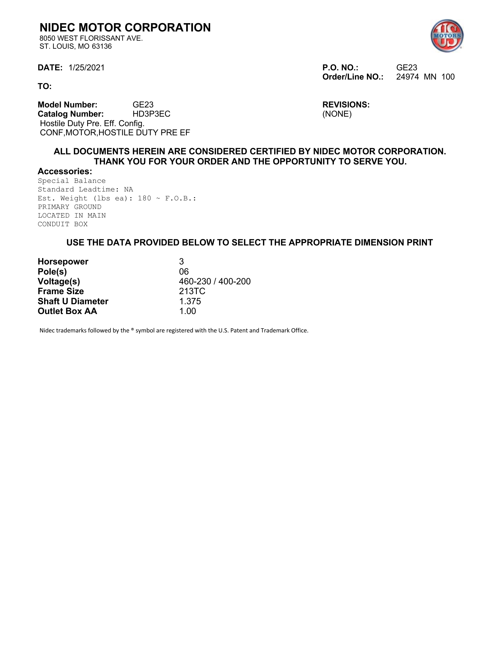 Motor TEFC US Motors Hostile Duty Premium Efficiency 3 HP 460V 1200 RPM (Frame 213TC) – GE23