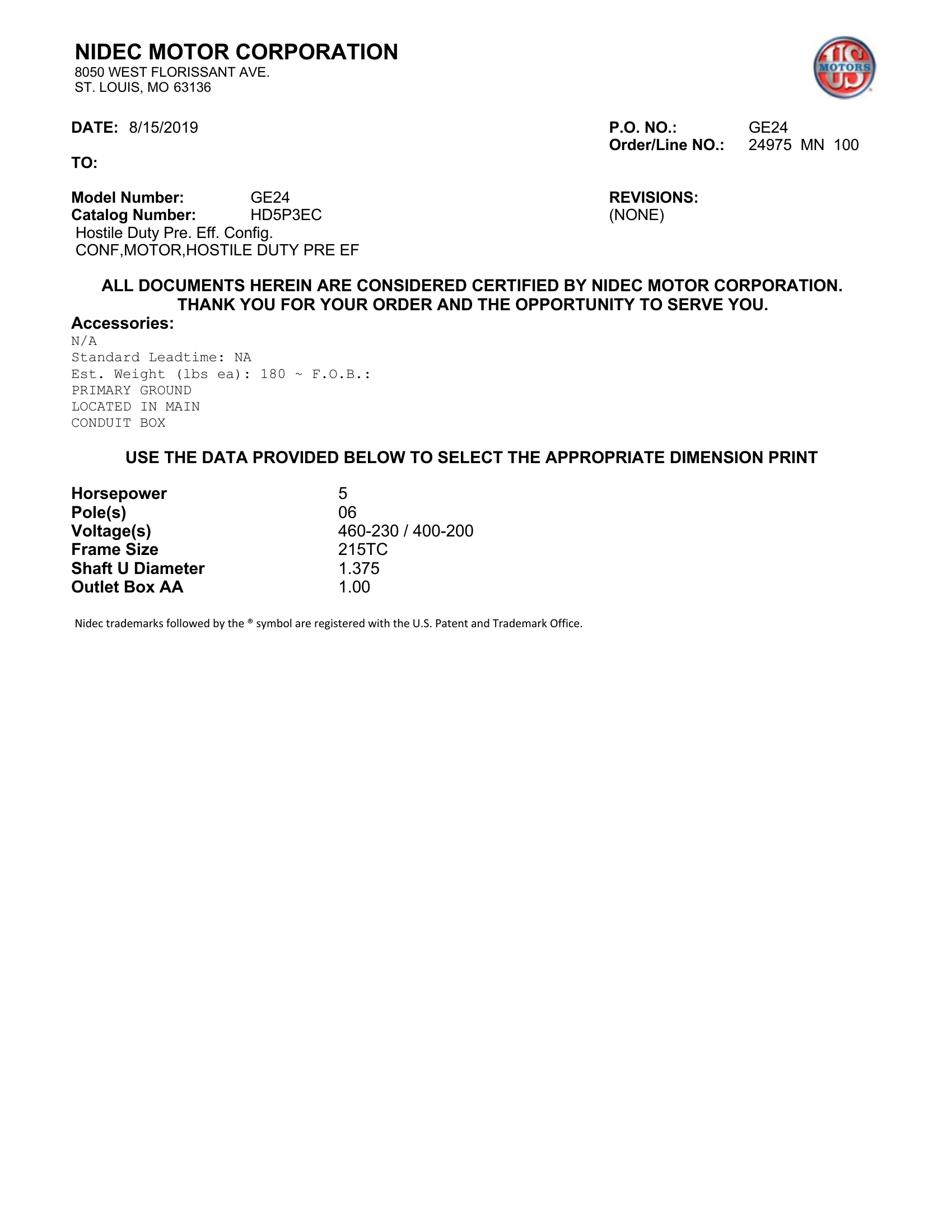 Motor TEFC US Motors Hostile Duty Premium Efficiency 5 HP 460V 1200 RPM (Frame 215TC) – GE24