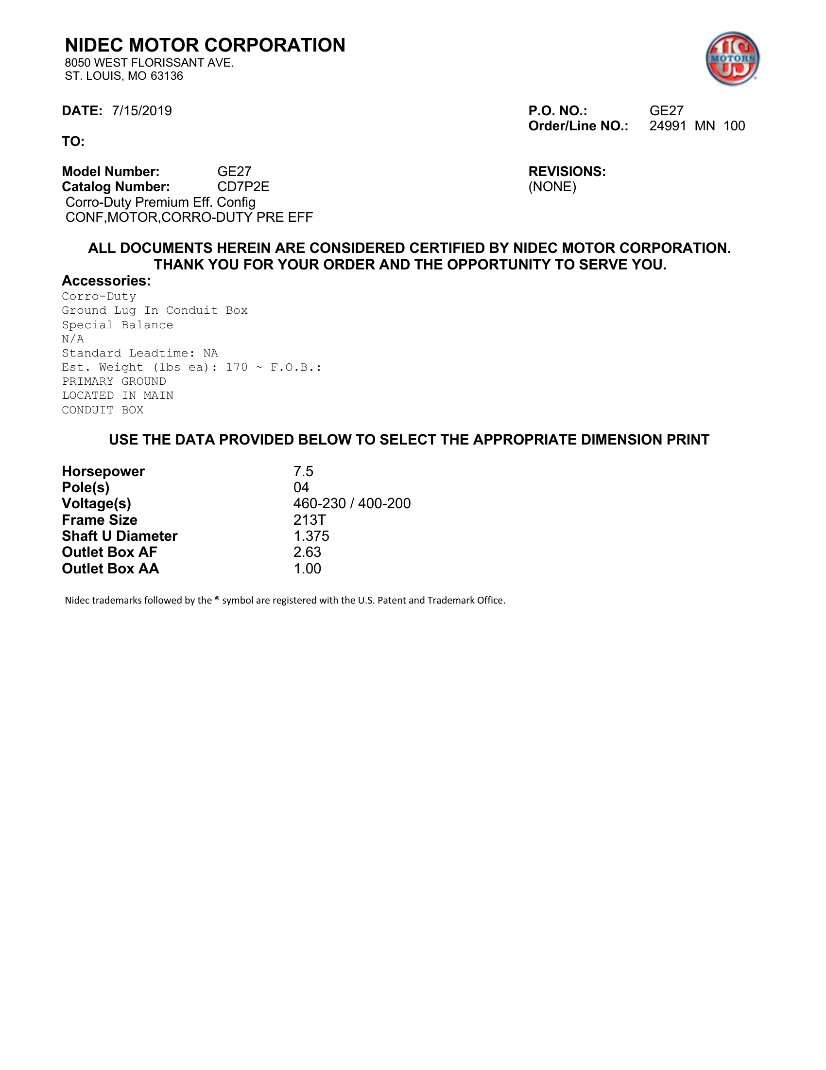 Motor TEFC US Motors Corro-Duty Premium Efficiency 7.5 HP 460V 1800 RPM (Frame 213T) – GE27