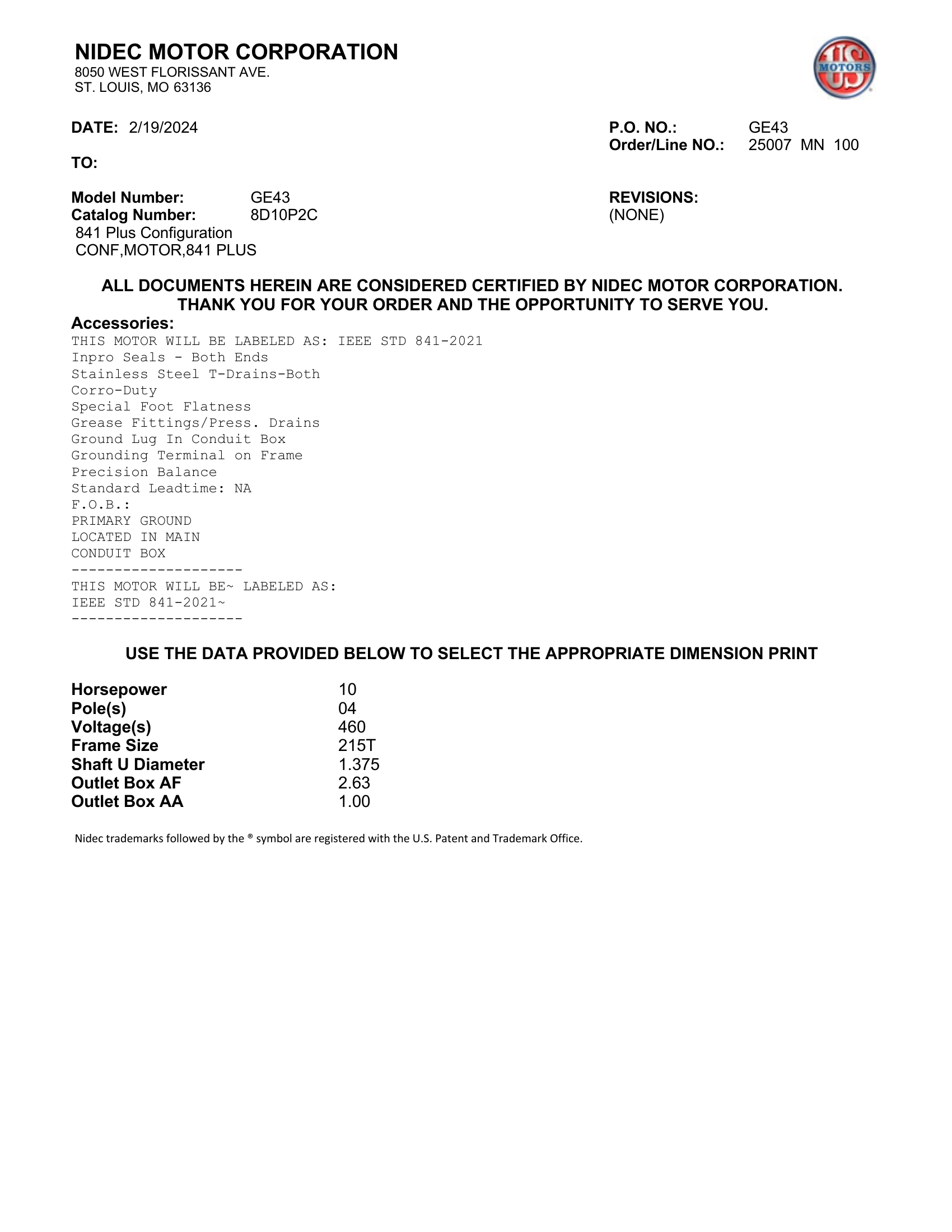 Motor TEFC US Motors 841 Plus 10 HP 460V 1800 RPM (Frame 215T) – GE43